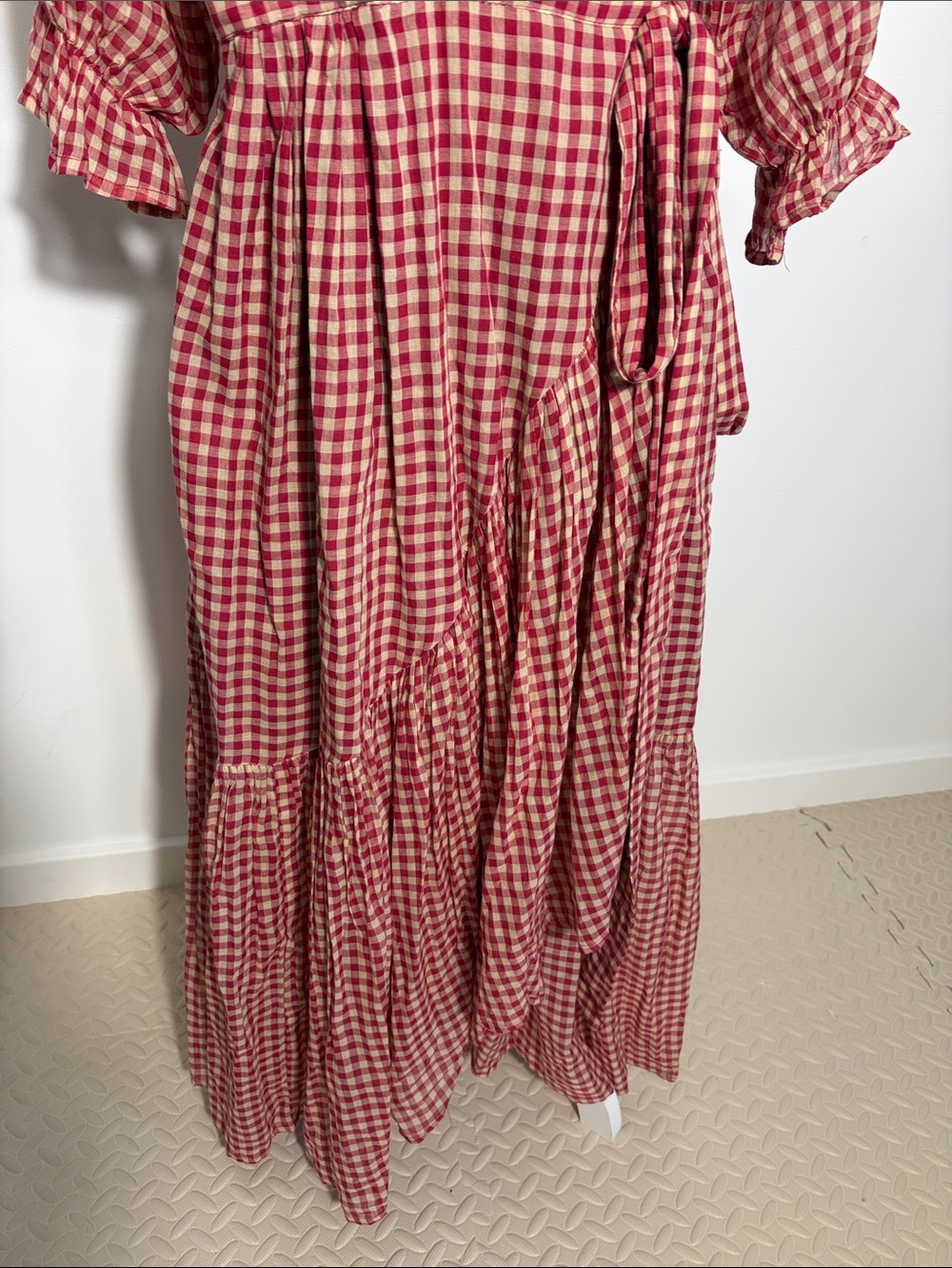 Khara Kapas Red Gingham Cotton Wrap Maxi Dress - Feminine Tie Waist XL - Picture 3 of 8